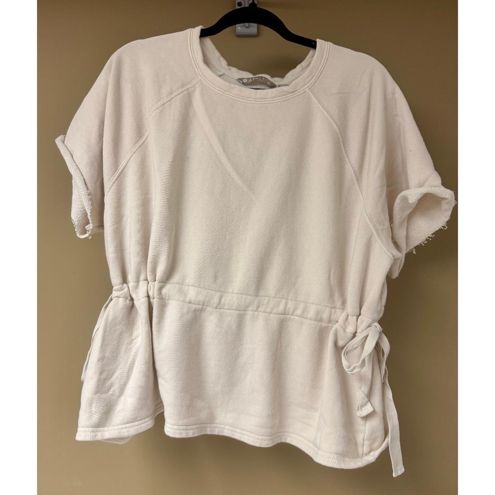 Athleta‎ Sweatshirt Top Drawstring Waist Raw Hem Short Sleeve Beige Size S